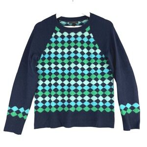 J Crew Navy Blue Green Diamond Argyle Raglan Sleeve Sweater Size S